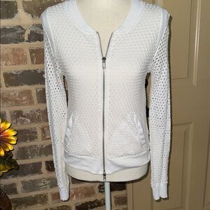 Trouble at the Mill White Mesh Bomber Style Top Full Zip Sz Small